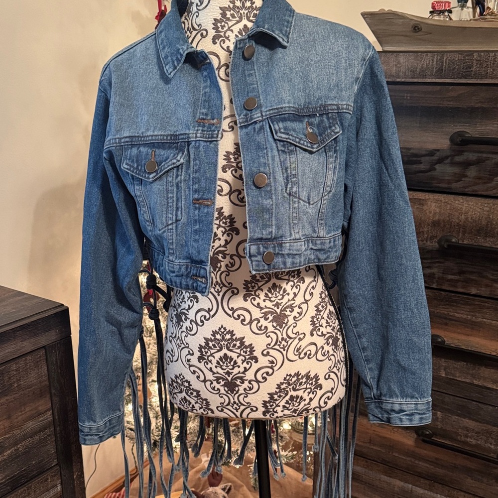 Fashion Nova Blue Cropped Jean Jacket with Fringe